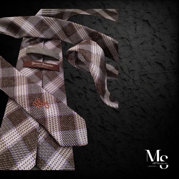 HICKEY FREEMAN Brown Purple PLaids & Cheks Silk Tie Made In USA W: 3.4" EX COND - Picture 5 of 7